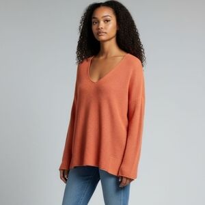 Eileen Fisher Organic Cotton Waffle Knit Top Orange Womens S Oversized V Neck